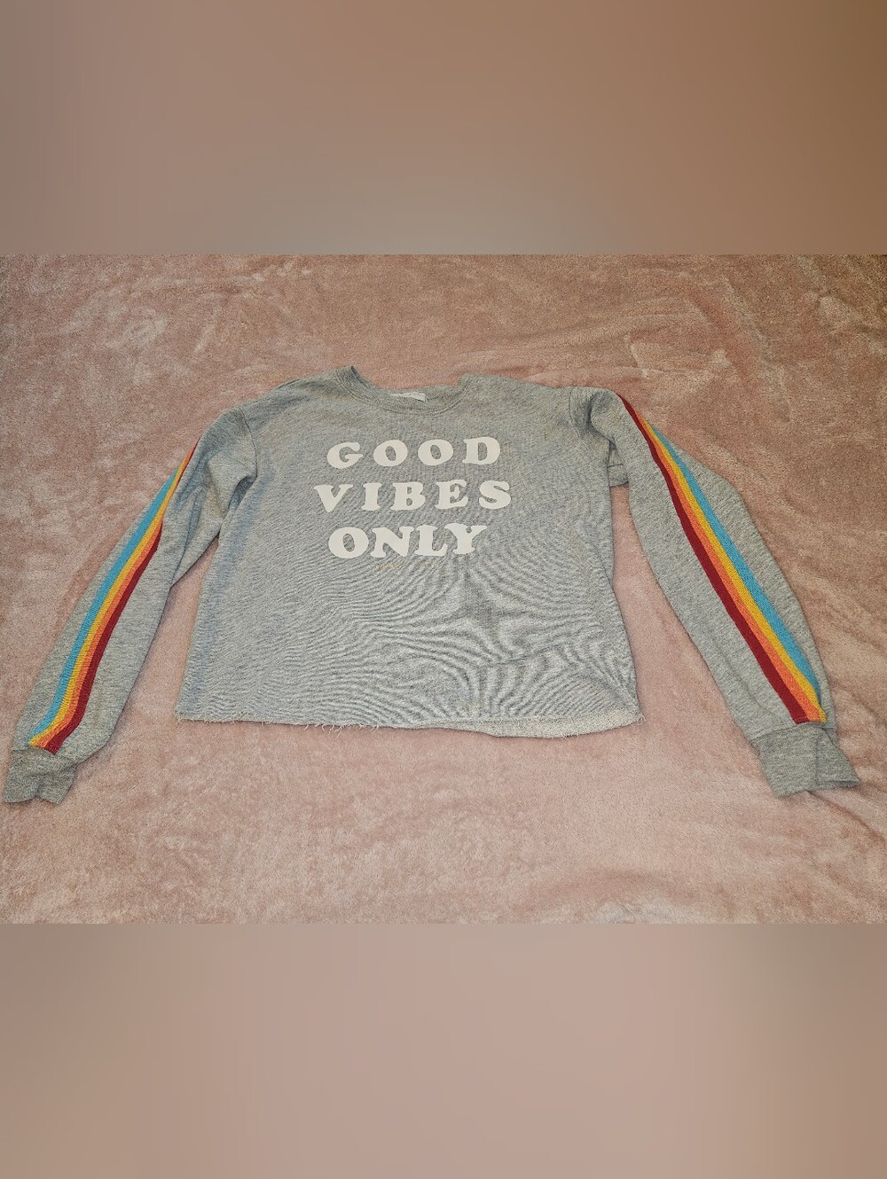 🌈Spiritual Gangster Grey Good Vibes Only Rainbow Stripe Cropped Sweatshirt M
